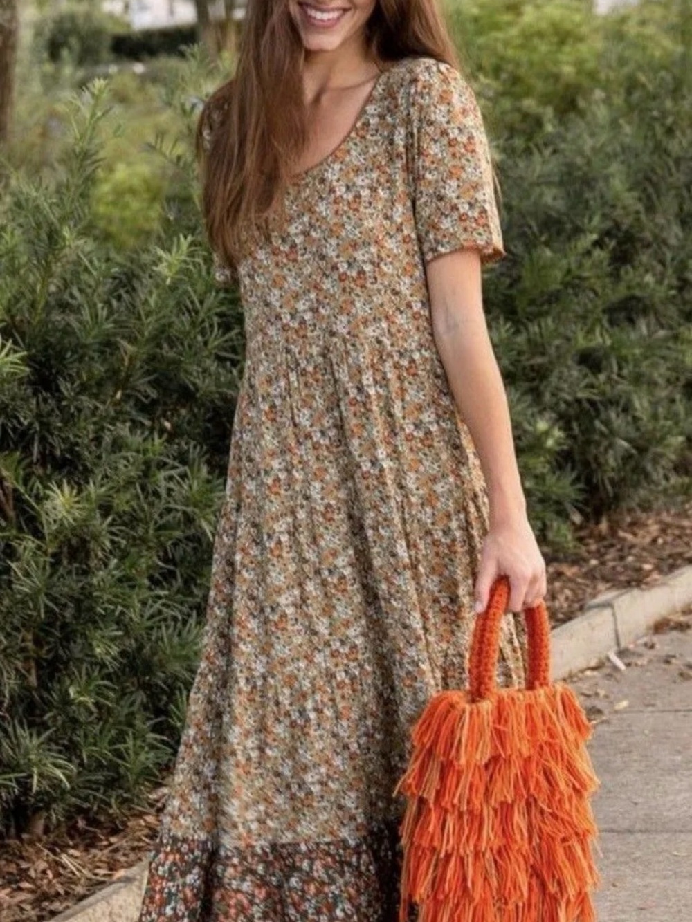 NATURAL LIFE Beige/Brown Floral Short-Sleeve Maxi Dress